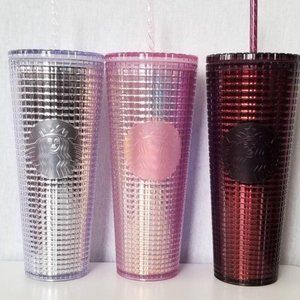 STARBUCKS PINK,SILVER AND BURGUNDY  24OZ TUMBLER